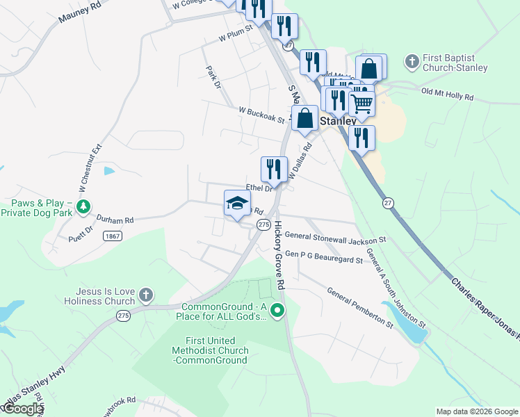 map of restaurants, bars, coffee shops, grocery stores, and more near 801 South Main Street in Stanley