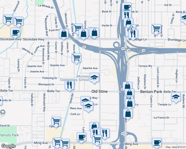 map of restaurants, bars, coffee shops, grocery stores, and more near 3801 Navajo Avenue in Bakersfield