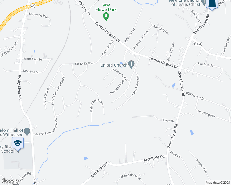 map of restaurants, bars, coffee shops, grocery stores, and more near 4285 Deacon Court Southwest in Concord