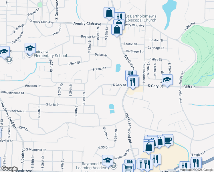 map of restaurants, bars, coffee shops, grocery stores, and more near 3406 Gary Street in Fort Smith