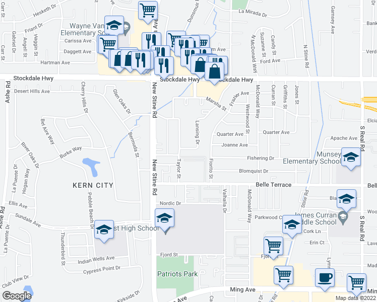 map of restaurants, bars, coffee shops, grocery stores, and more near 5101 Hunter Avenue in Bakersfield
