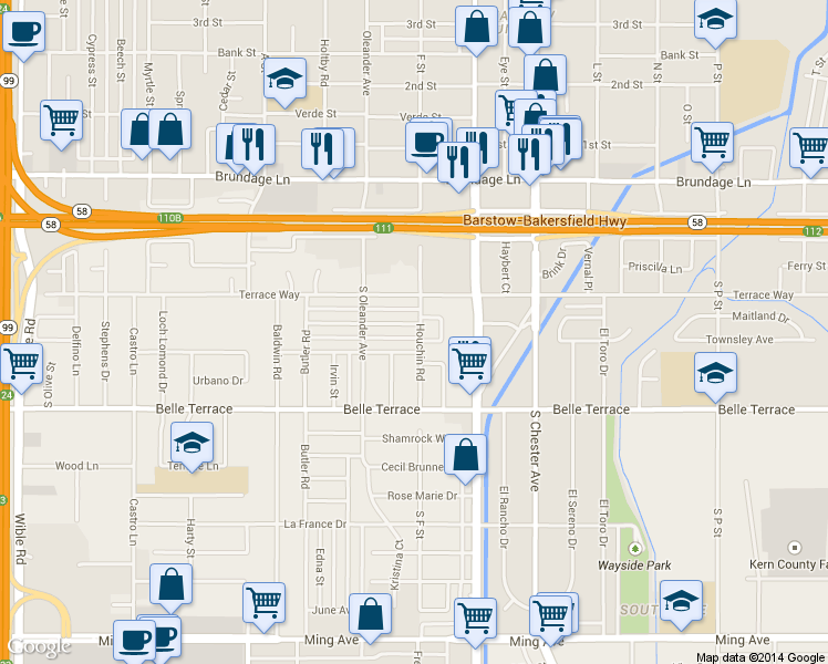 map of restaurants, bars, coffee shops, grocery stores, and more near 1901 Bradford Street in Bakersfield