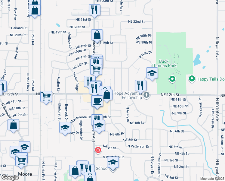 map of restaurants, bars, coffee shops, grocery stores, and more near 1301 Sequoyah Avenue in Moore