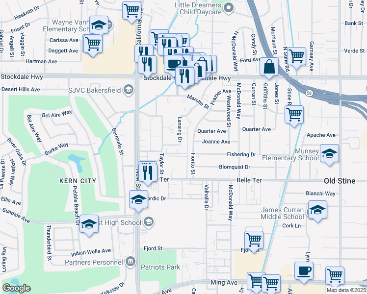 map of restaurants, bars, coffee shops, grocery stores, and more near 613 Fiorito Street in Bakersfield