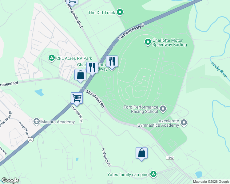 map of restaurants, bars, coffee shops, grocery stores, and more near 4721 Morehead Road in Concord