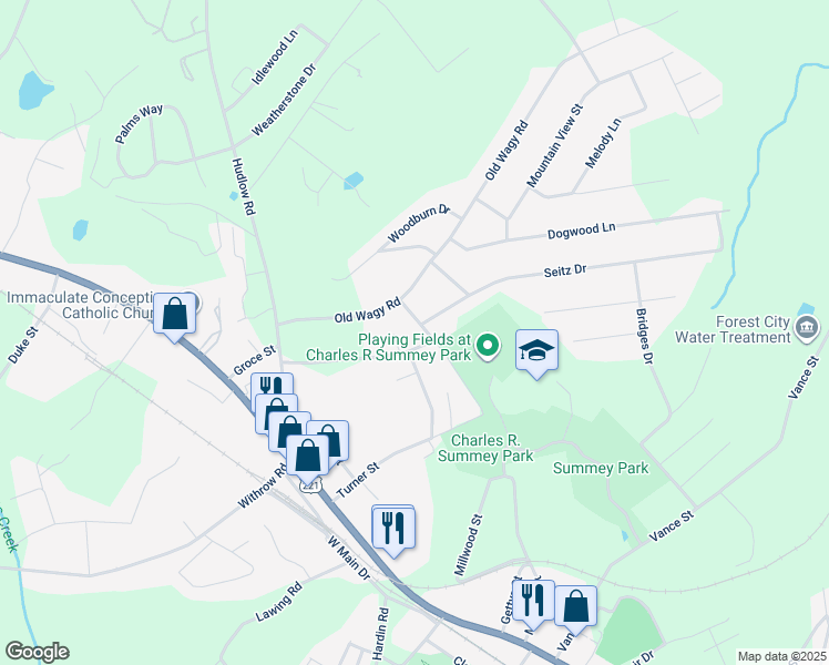 map of restaurants, bars, coffee shops, grocery stores, and more near 154 McDaniel Street in Forest City