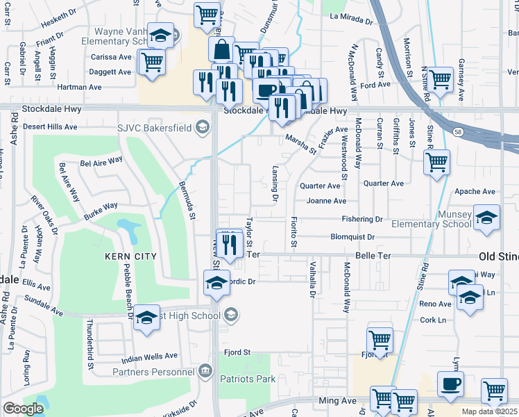 map of restaurants, bars, coffee shops, grocery stores, and more near 5101 Hunter Avenue in Bakersfield