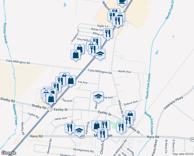 map of restaurants, bars, coffee shops, grocery stores, and more near 8166 West Street in Millington