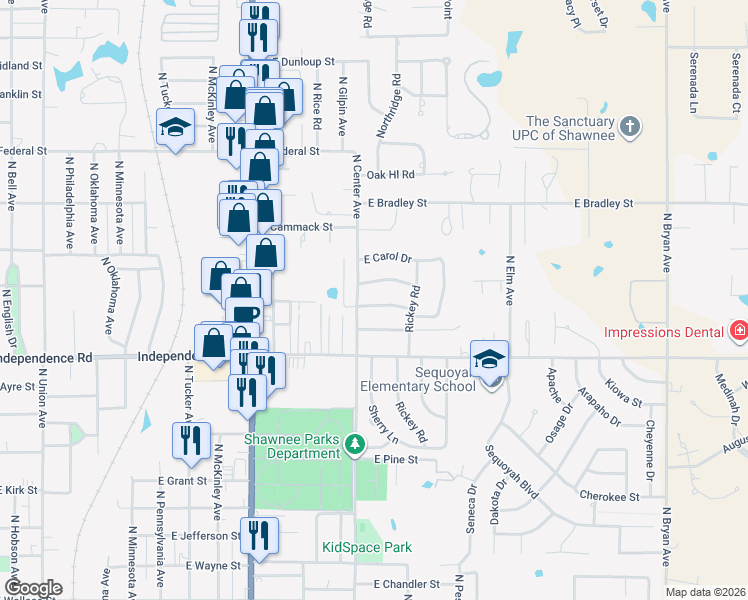 map of restaurants, bars, coffee shops, grocery stores, and more near 1201 East Monroe Drive in Shawnee