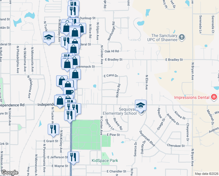 map of restaurants, bars, coffee shops, grocery stores, and more near 1219 East Monroe Drive in Shawnee