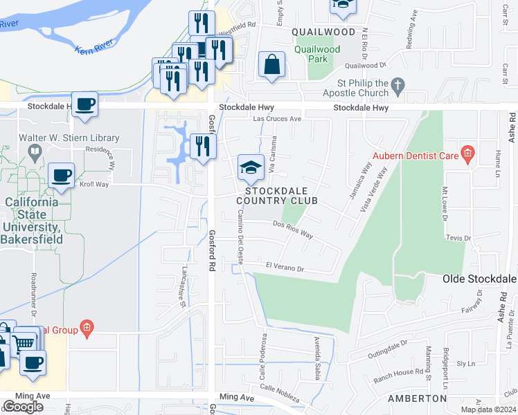 map of restaurants, bars, coffee shops, grocery stores, and more near 7801 Kroll Way in Bakersfield