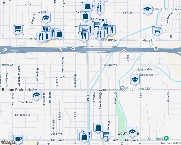 map of restaurants, bars, coffee shops, grocery stores, and more near 1609 El Ralfo Drive in Bakersfield