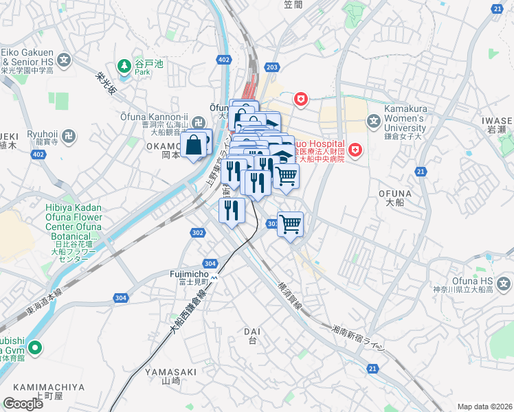 map of restaurants, bars, coffee shops, grocery stores, and more near 県道301号線 in Kamakura