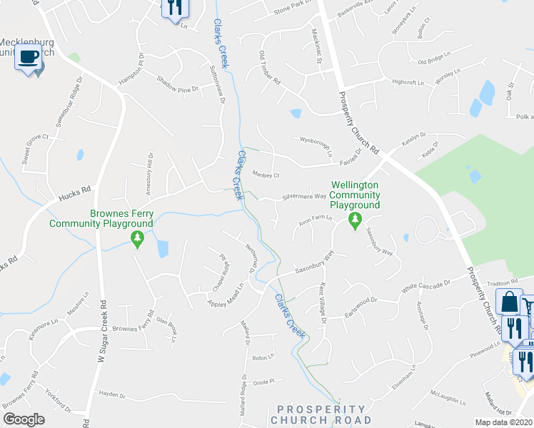 map of restaurants, bars, coffee shops, grocery stores, and more near 4308 Castle Ridge Court in Charlotte
