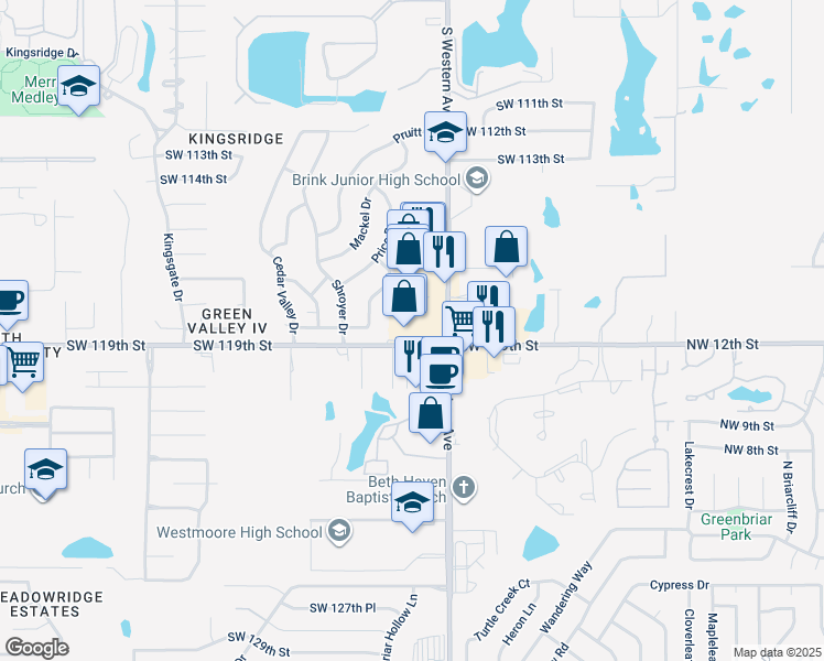 map of restaurants, bars, coffee shops, grocery stores, and more near 11807 South Western Avenue in Oklahoma City