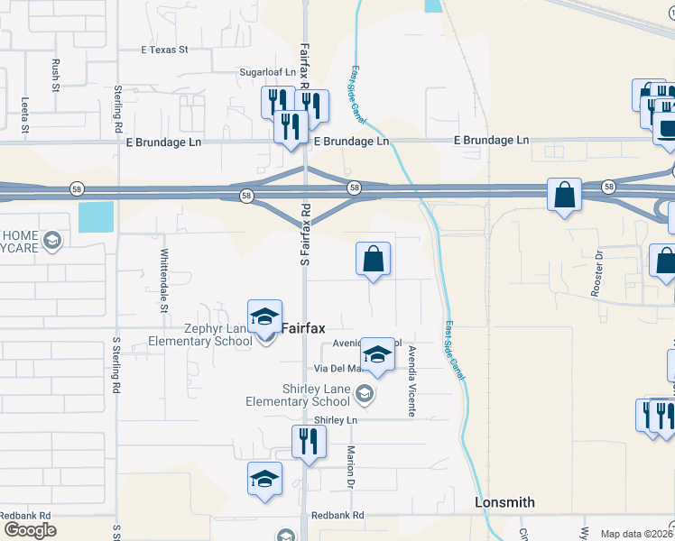 map of restaurants, bars, coffee shops, grocery stores, and more near 4800 Morro Drive in Bakersfield
