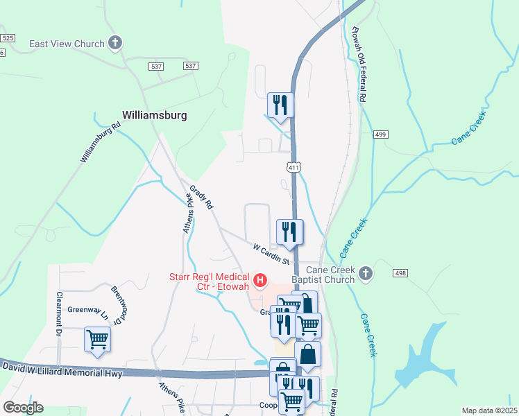 map of restaurants, bars, coffee shops, grocery stores, and more near 1225 Kimbrough Avenue in Etowah