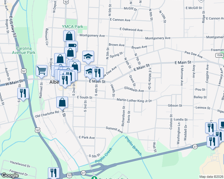 map of restaurants, bars, coffee shops, grocery stores, and more near 201 South 5th Street in Albemarle