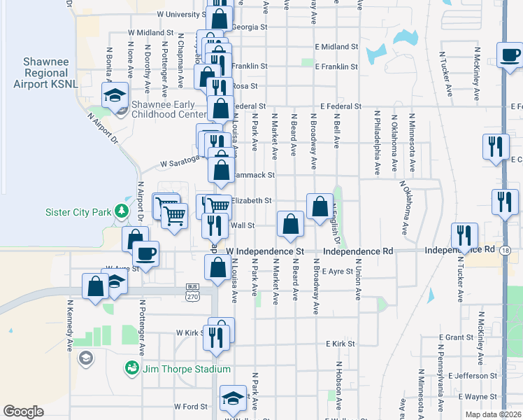 map of restaurants, bars, coffee shops, grocery stores, and more near 1613 North Park Avenue in Shawnee