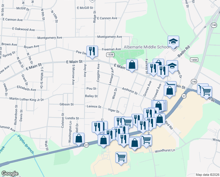 map of restaurants, bars, coffee shops, grocery stores, and more near 316 Leonard Avenue in Albemarle