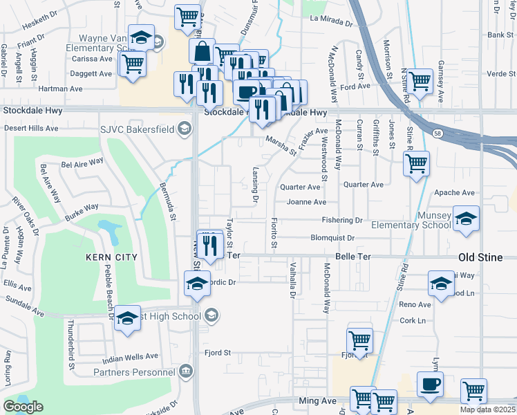 map of restaurants, bars, coffee shops, grocery stores, and more near 5001-5101 Hunter Avenue in Bakersfield