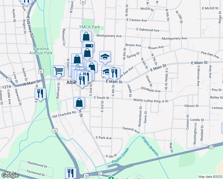 map of restaurants, bars, coffee shops, grocery stores, and more near 300 Green Street in Albemarle