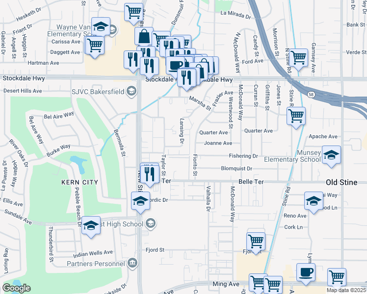 map of restaurants, bars, coffee shops, grocery stores, and more near 5001-5101 Hunter Avenue in Bakersfield