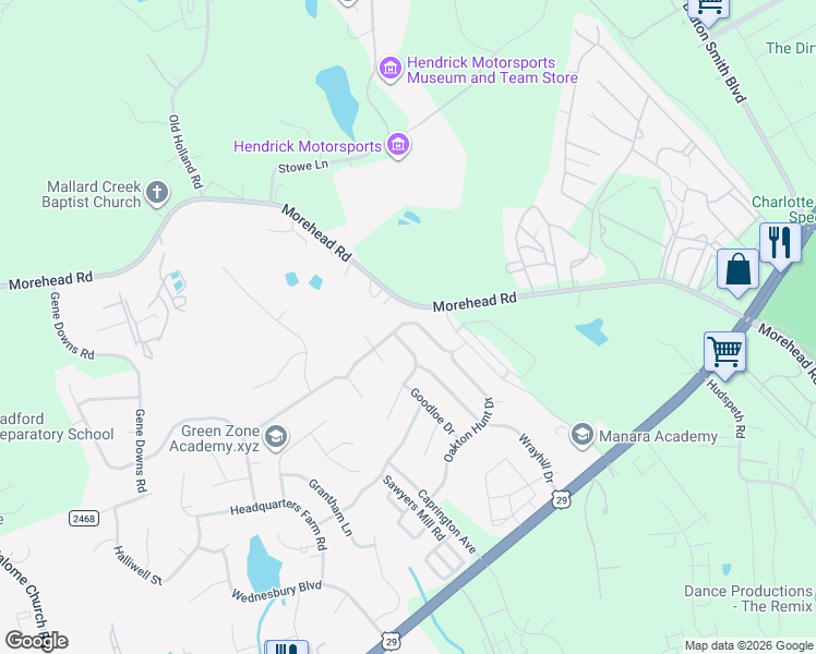 map of restaurants, bars, coffee shops, grocery stores, and more near 15249 Oldcorn Lane in Charlotte