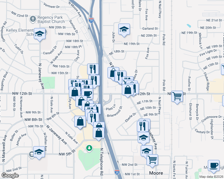 map of restaurants, bars, coffee shops, grocery stores, and more near 200 Sutton Circle in Moore
