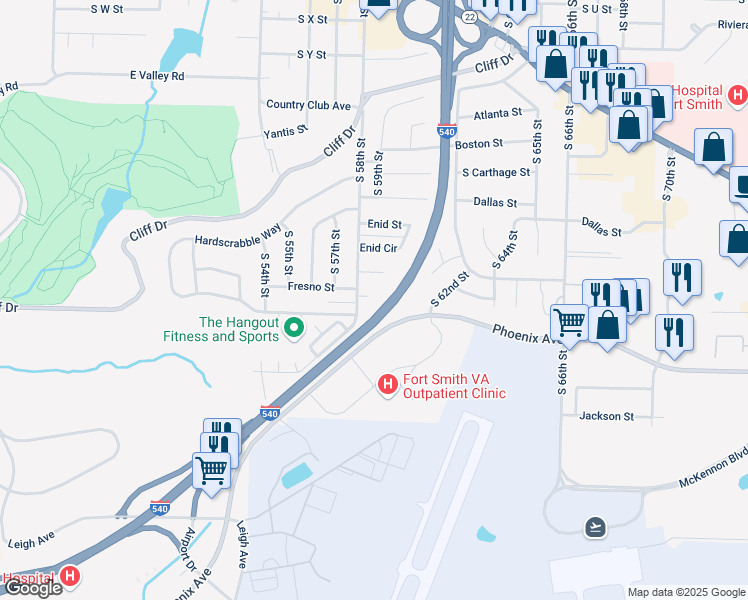 map of restaurants, bars, coffee shops, grocery stores, and more near 5808 Gary Court in Fort Smith