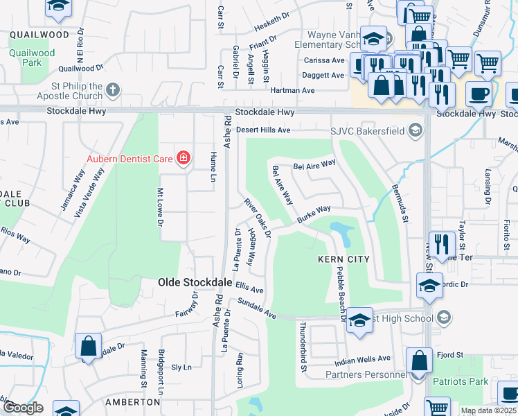 map of restaurants, bars, coffee shops, grocery stores, and more near 612 River Oaks Drive in Bakersfield