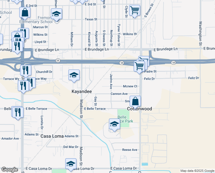 map of restaurants, bars, coffee shops, grocery stores, and more near 909 Mcnew Court in Bakersfield