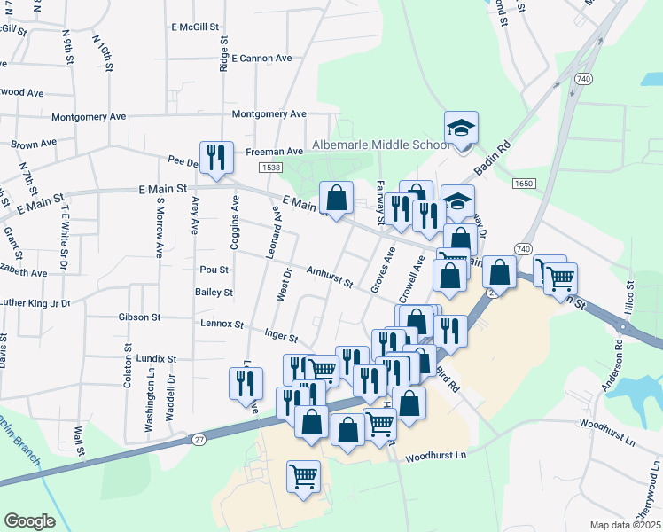 map of restaurants, bars, coffee shops, grocery stores, and more near 300 North Bell Avenue in Albemarle