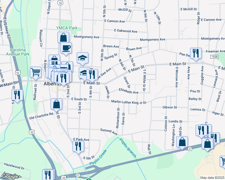 map of restaurants, bars, coffee shops, grocery stores, and more near 514 Elizabeth Avenue in Albemarle