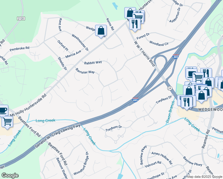 map of restaurants, bars, coffee shops, grocery stores, and more near 8421 Golden Oak Court in Charlotte