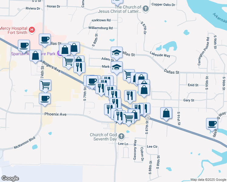 map of restaurants, bars, coffee shops, grocery stores, and more near 8200 Rogers Avenue in Fort Smith
