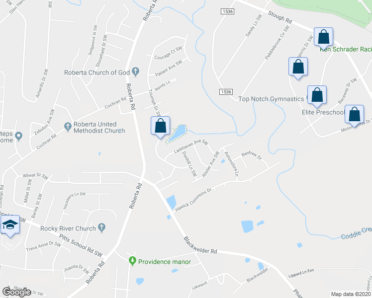 map of restaurants, bars, coffee shops, grocery stores, and more near 4603 Dunhill Lane Southwest in Concord