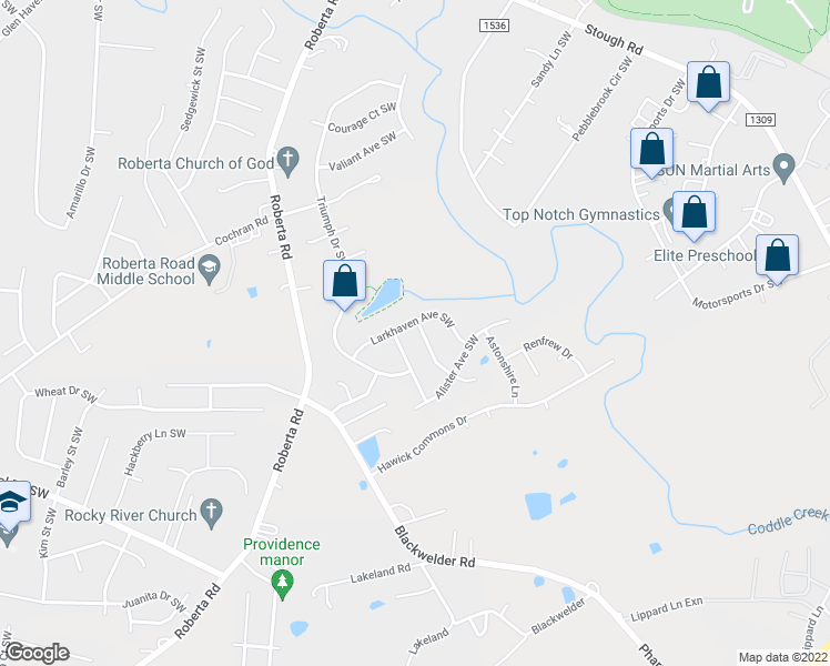map of restaurants, bars, coffee shops, grocery stores, and more near 4610 Dunberry Place Southwest in Concord
