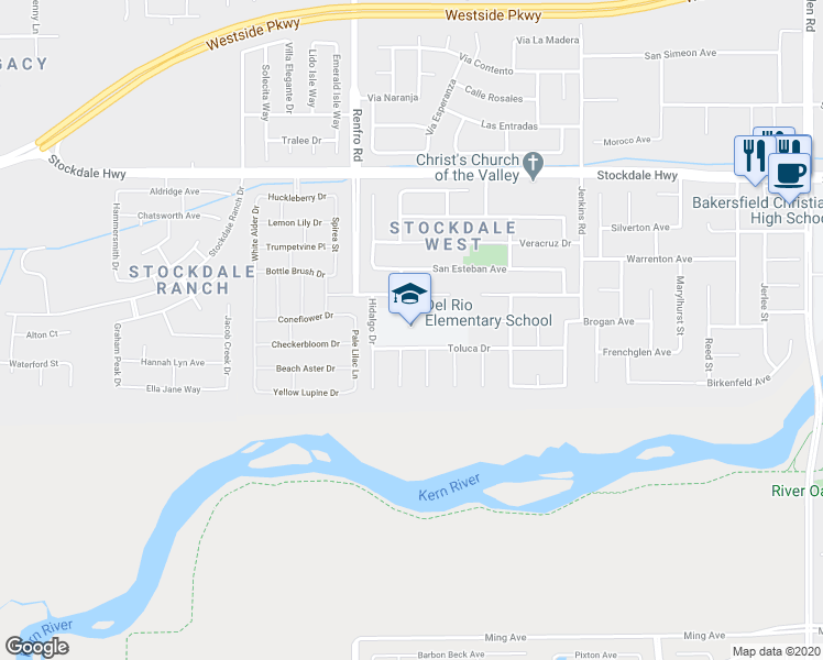 map of restaurants, bars, coffee shops, grocery stores, and more near 600 Hidalgo Drive in Bakersfield