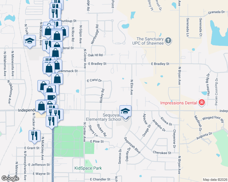 map of restaurants, bars, coffee shops, grocery stores, and more near 1703 East Dougherty Drive in Shawnee