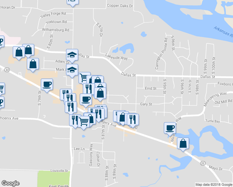 map of restaurants, bars, coffee shops, grocery stores, and more near 8819 South Fresno Street in Fort Smith