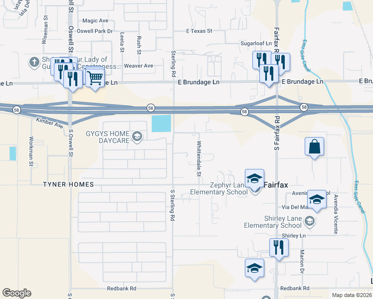 map of restaurants, bars, coffee shops, grocery stores, and more near 644 Whittendale Street in Bakersfield