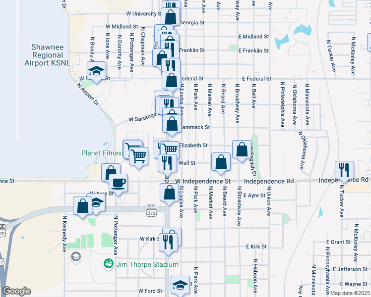 map of restaurants, bars, coffee shops, grocery stores, and more near 1623 North Louisa Avenue in Shawnee