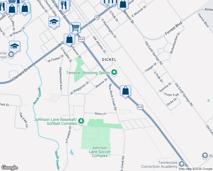 map of restaurants, bars, coffee shops, grocery stores, and more near 106 Southside Street in Tullahoma