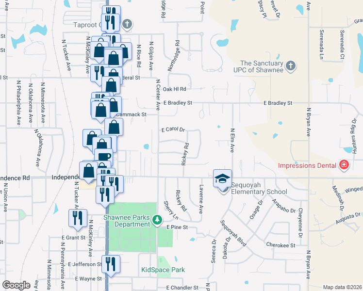map of restaurants, bars, coffee shops, grocery stores, and more near 1221 East Rose Drive in Shawnee