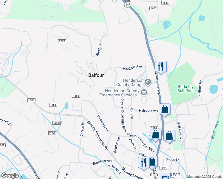 map of restaurants, bars, coffee shops, grocery stores, and more near 610 Halsbury Avenue in Hendersonville