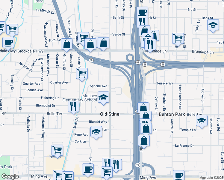 map of restaurants, bars, coffee shops, grocery stores, and more near 420 South Real Road in Bakersfield