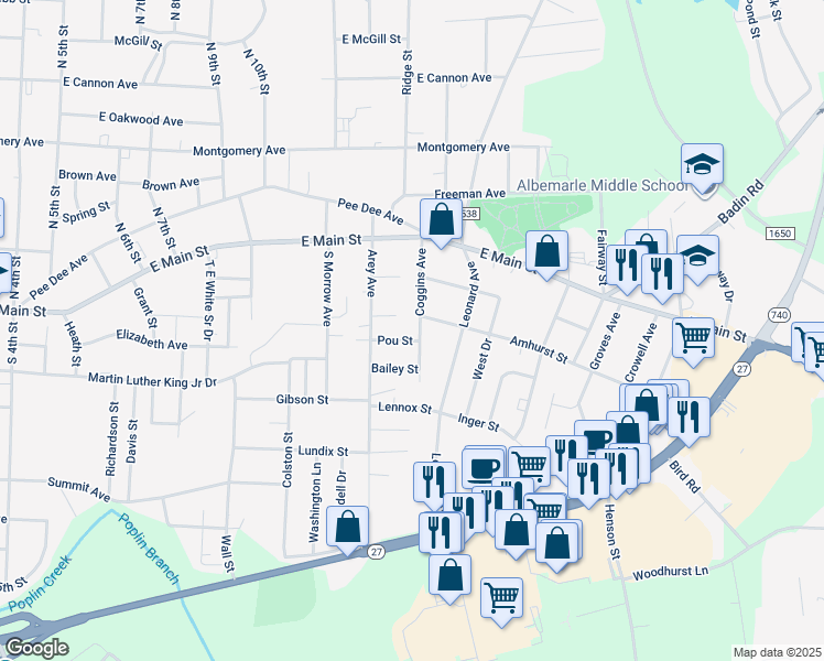 map of restaurants, bars, coffee shops, grocery stores, and more near 310 Coggins Avenue in Albemarle