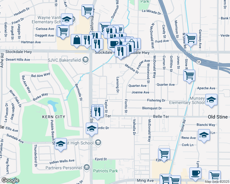 map of restaurants, bars, coffee shops, grocery stores, and more near 5001-5101 Hunter Avenue in Bakersfield
