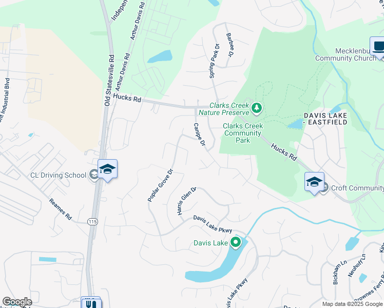 map of restaurants, bars, coffee shops, grocery stores, and more near 5410 Canipe Farm Court in Charlotte